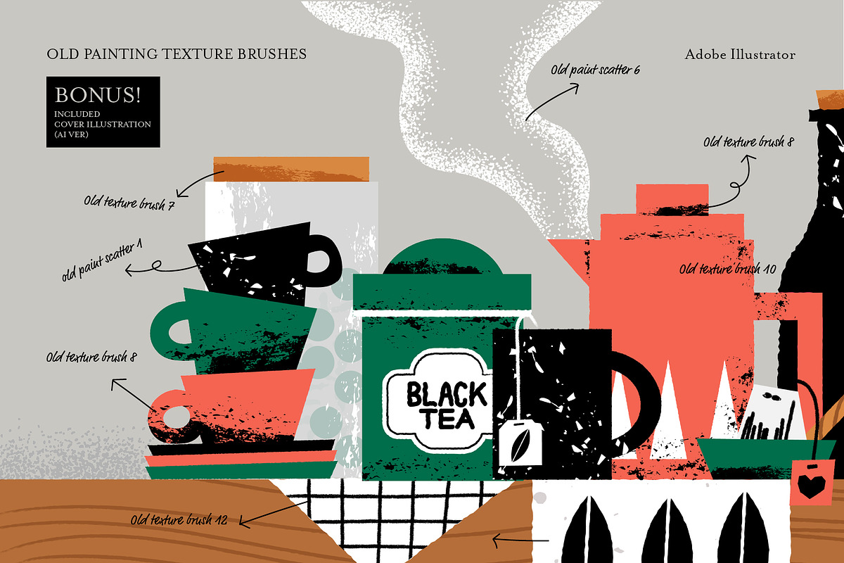 Old painting texture brushes for AI, a Brush Add-On by Studio Mei Design (Photo 4 of 6)