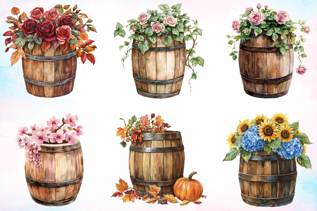Watercolor Floral Barrel Clipart PNG, an Illustration by Canvas Craft (Photo 3 of 4)