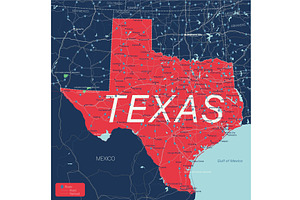 Texas state detailed editable map, an Illustration by Jan Jack Russo Media
