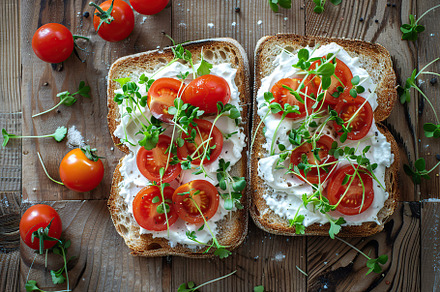 Sandwich with cream cheese, microgreens and tomatoes on wooden table, a Food & Drink Photo by AlyaAnd