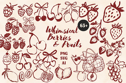 Whimsical Berry Fruit Bundle SVG PNG, a Food Illustration by Marie T