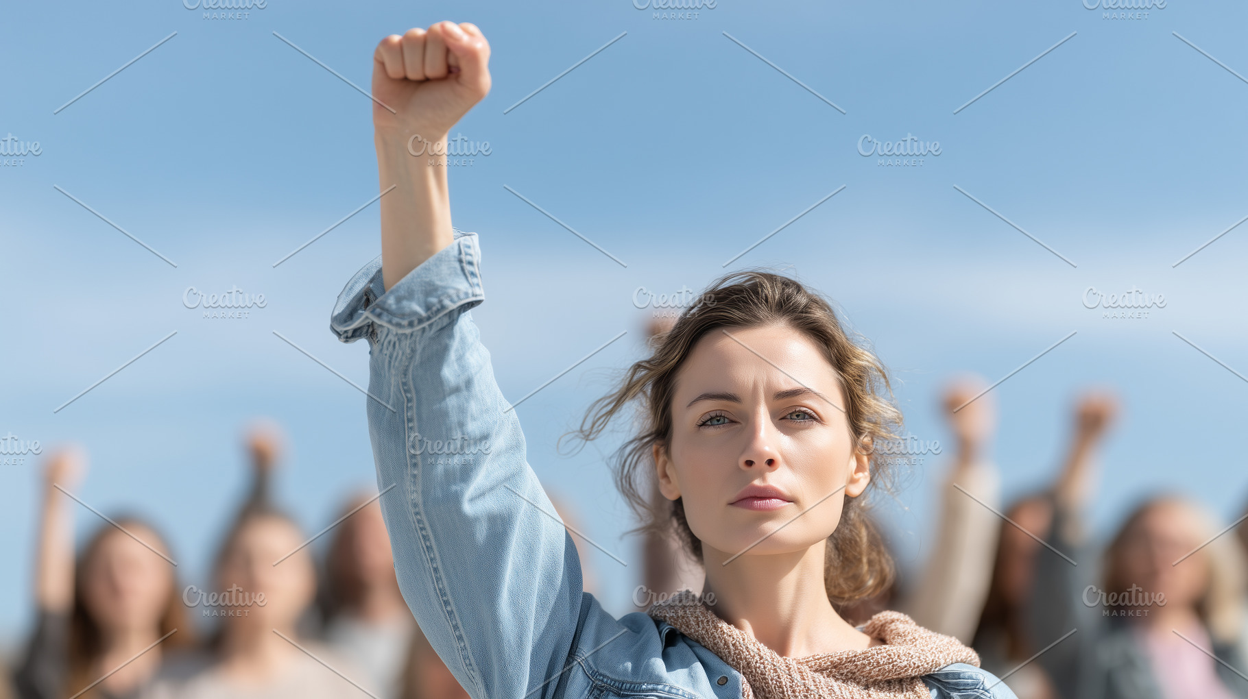 Determined woman raises her fist in, a Photo by MistyDay