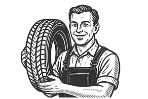 Tire Technician Mechanic Holding Car, a Person Illustration by AlexArt