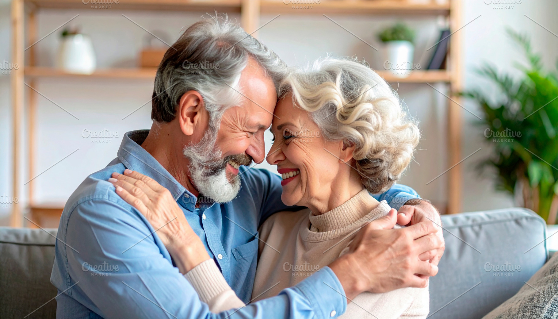 Happy senior couple hugging at home, a Person Photo by Davizro's Market
