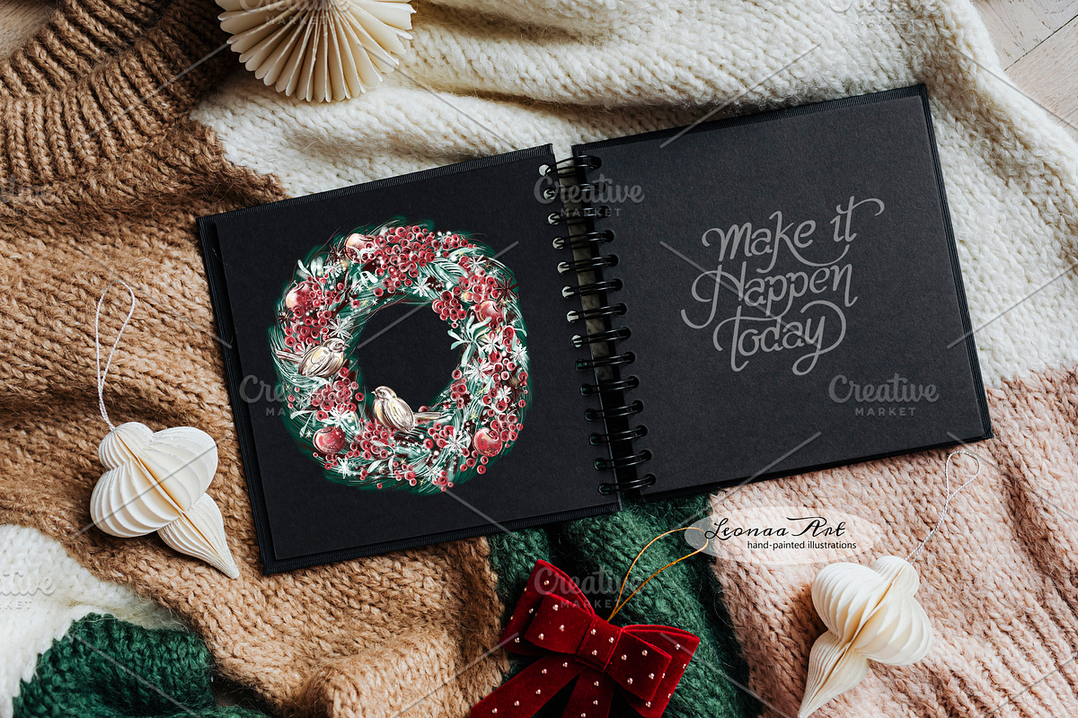 Merry Christmas Wreaths Clipart Set, a Seasonal Illustration by Leonaa art (Photo 10 of 21)