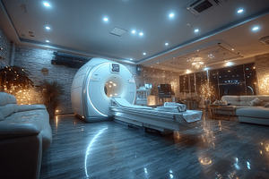 Modern MRI scan room with ambient lighting and comfortable seating area, a Health & Medical Photo by AS photostudio