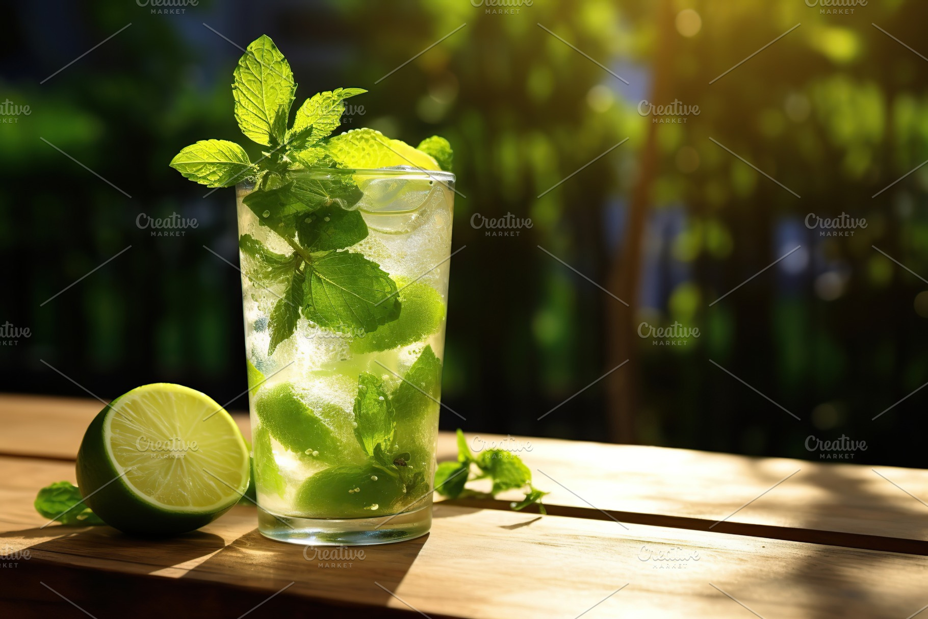 Alcoholic mojito with ice and mint on wooden table, a Food & Drink Photo by AlyaAnd