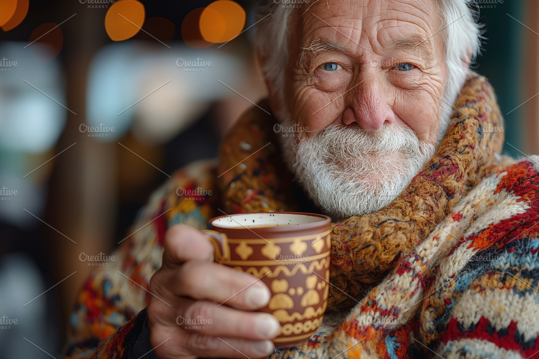 A cheerful elderly Caucasian man holds a decorative mug, wrapped in a colorful, a Person Photo by ImageMir