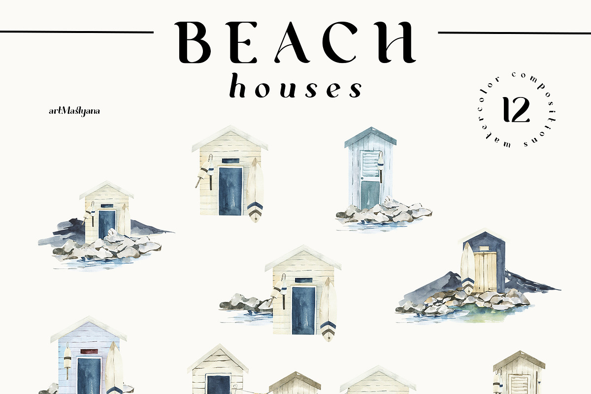 Watercolor Beach houses clipart., an Object Illustration by ArtMaslyana (Photo 2 of 8)