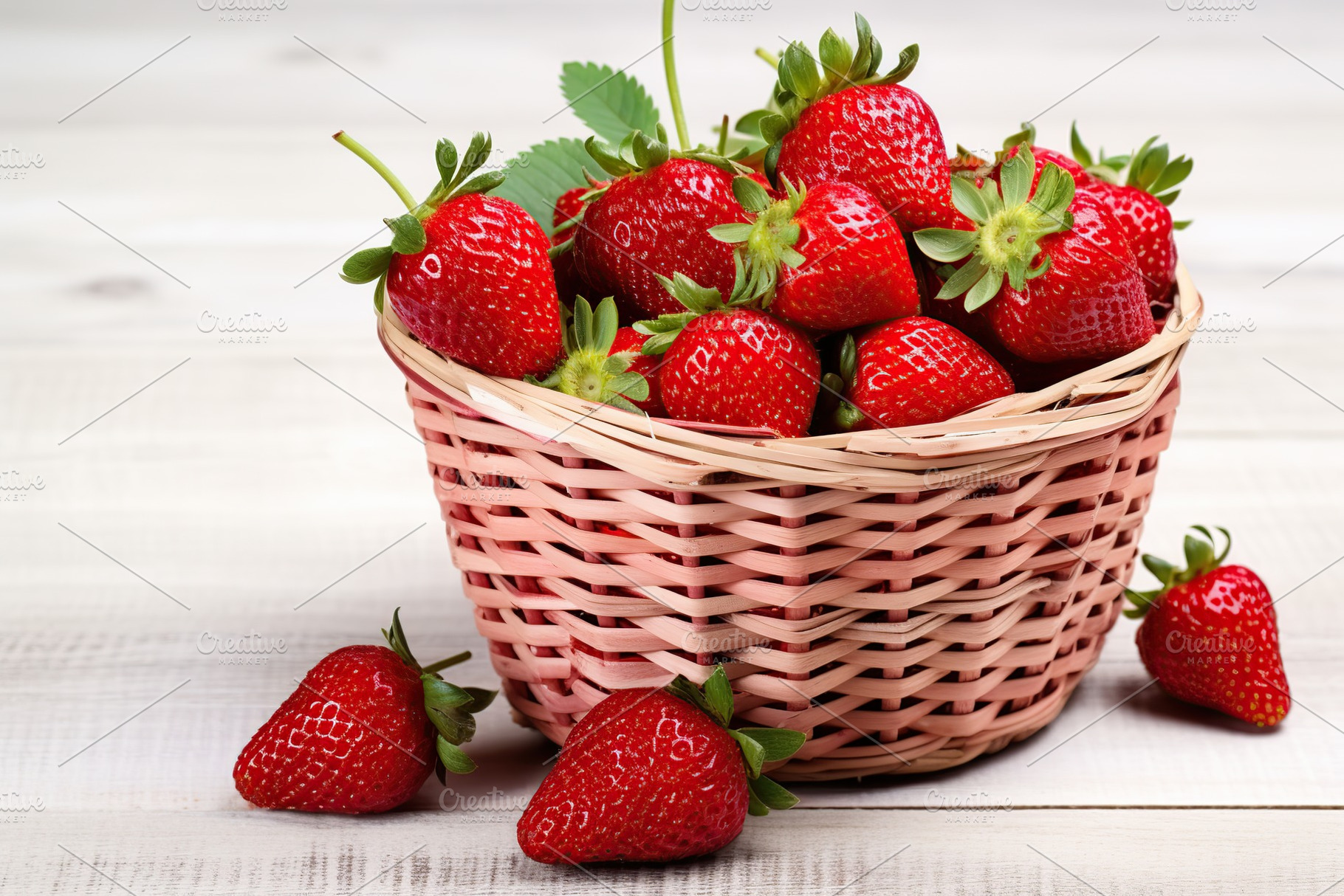 Red ripe strawberries in basket on white wooden background, a Photo by AlyaAnd