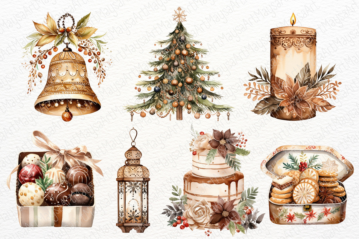 Boho Christmas Watercolor Clipart, a Seasonal Illustration by Maysa Art (Photo 3 of 7)