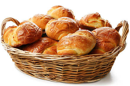 Freshly different baked buns in basket isolated on white background, a Food & Drink Photo by AlyaAnd