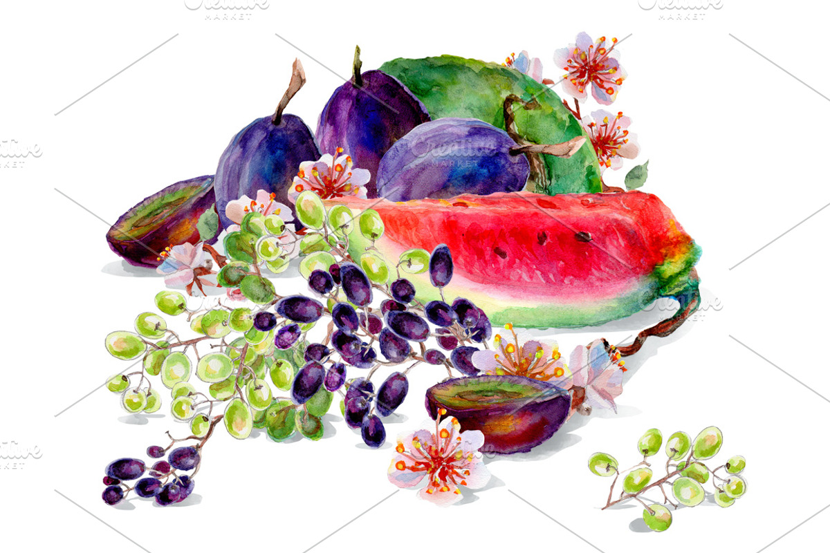 Set of watercolor fruits and flowers, a Food Illustration by DariKa (Photo 3 of 4)