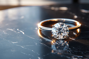 Gold Engagement Ring with Diamond on Black Marble, an Abstract Photo by Natalia Klenova's Shop