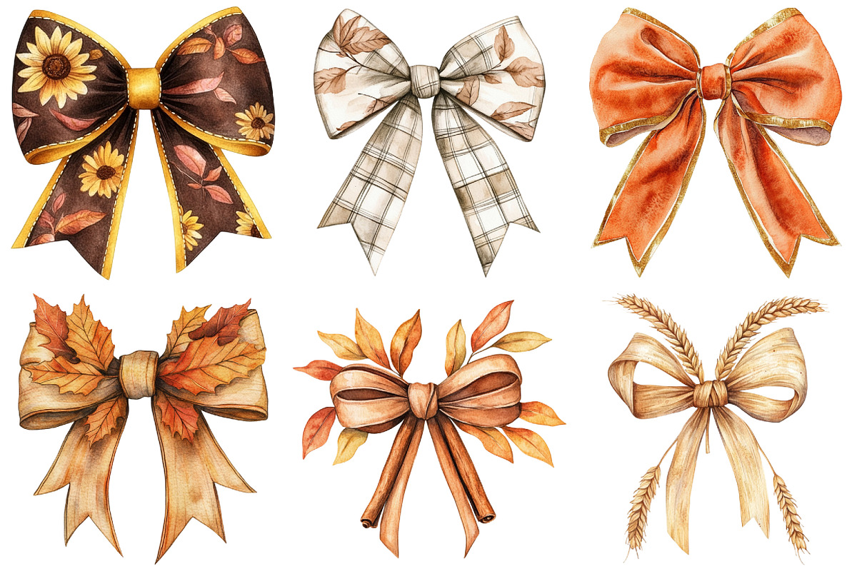 Watercolor Autumn Bow Clipart Bundle, an Illustration by Craft Nest (Photo 4 of 6)