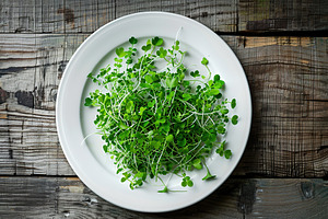 Fresh microgreen in plate on wooden table, a Food & Drink Photo by AlyaAnd