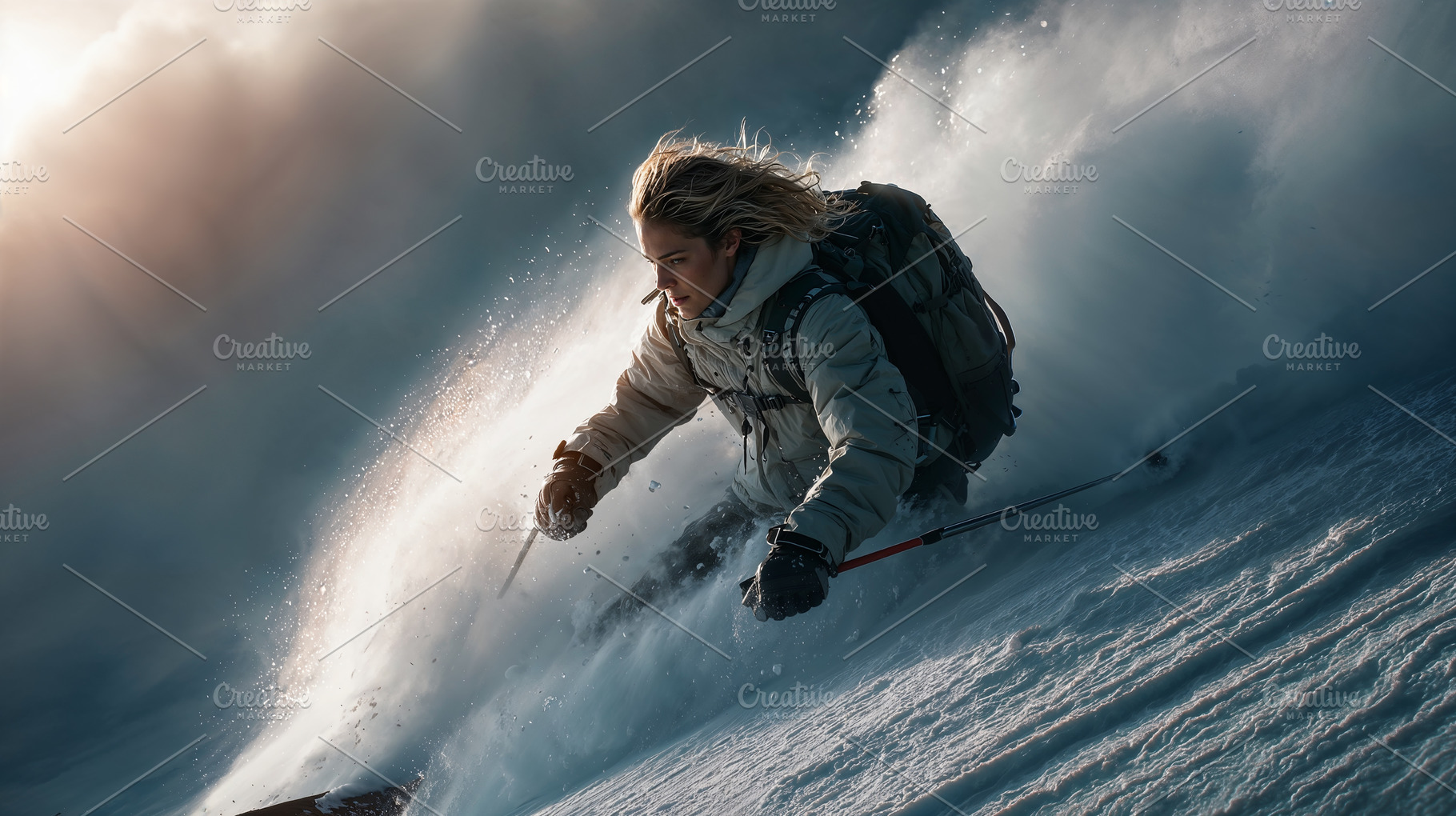 Skier carving through fresh powder in a winter mountain landscape, a Sports & Recreation Photo by OSORIOartist