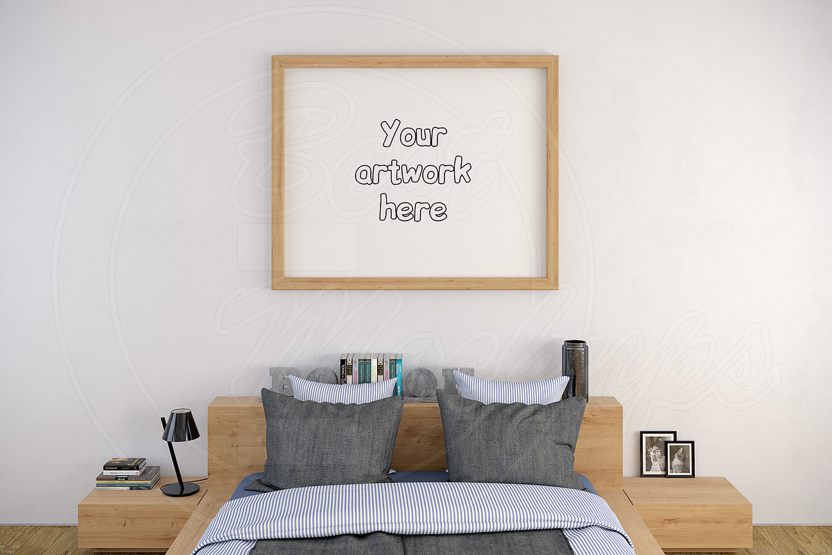 Wood frame 8x10 inch bedroom mockup, a Print Template by BestMockups