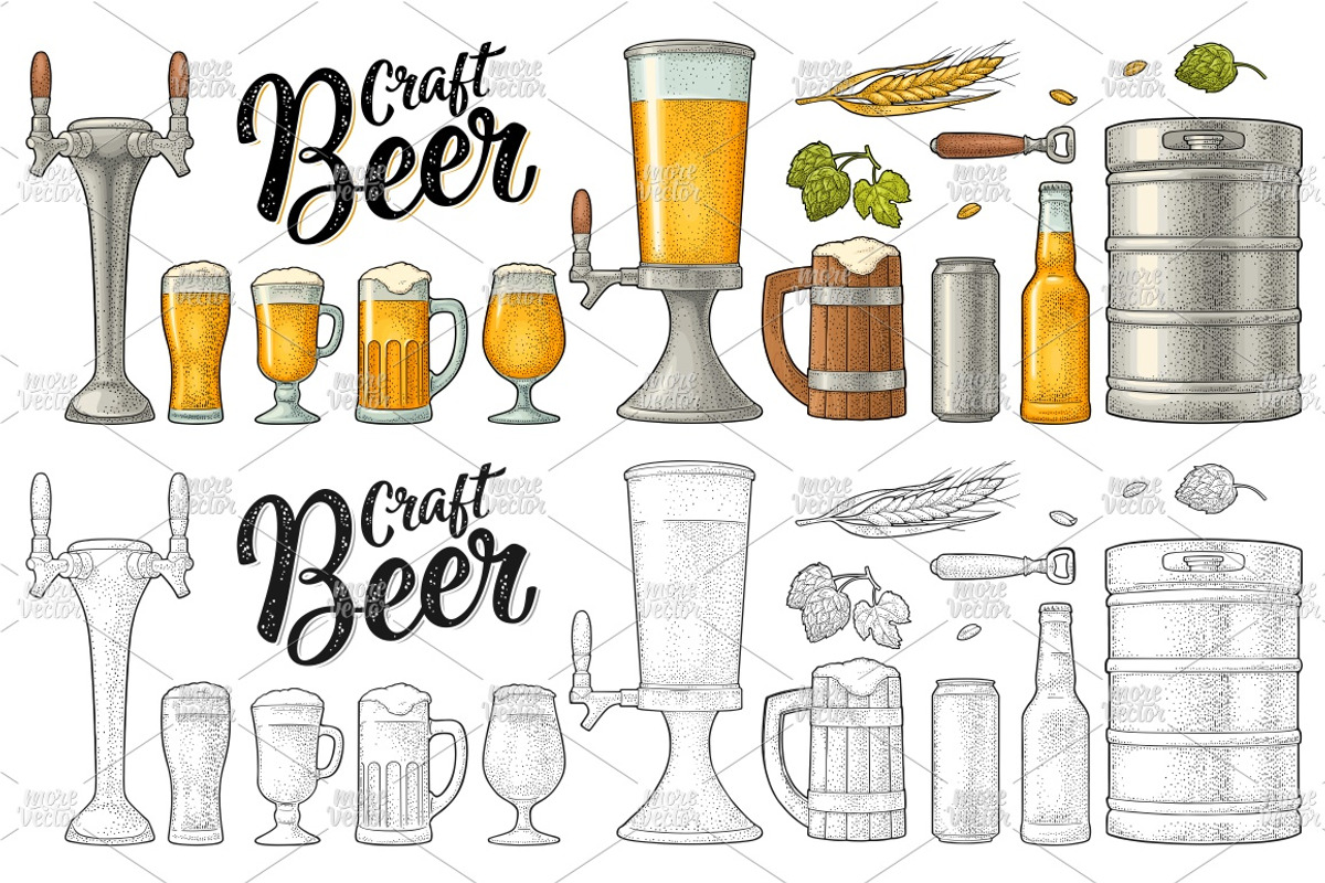 Beer set Engraving, a Food Illustration by MoreVector