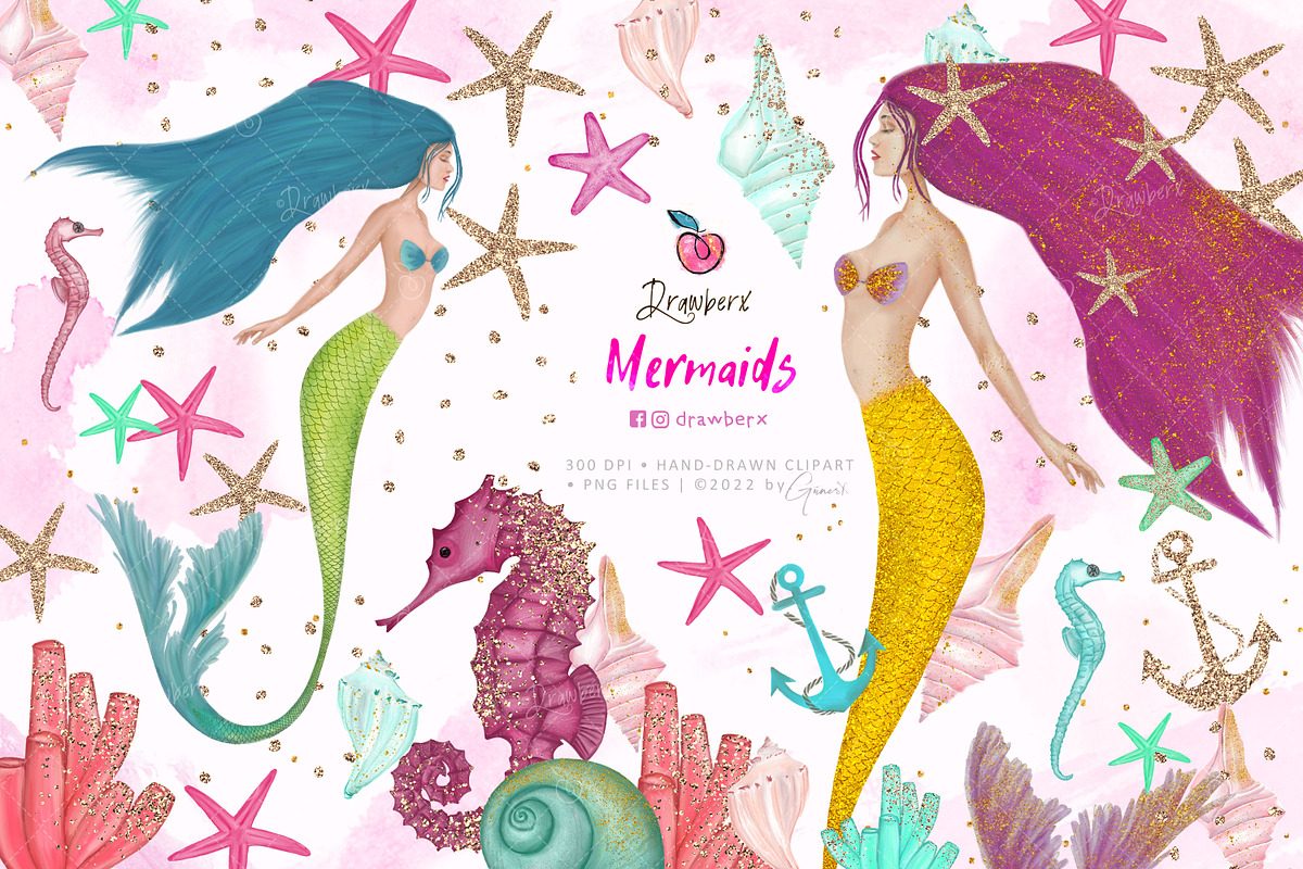Under the sea, glam Mermaid love 019, an Illustration by Drawberx