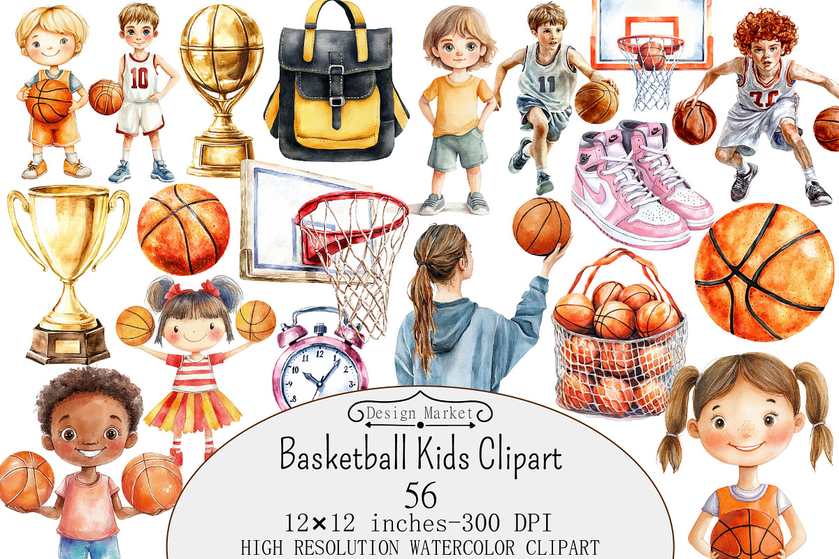 Watercolor Basketball Kids Clipart, a Seasonal Illustration by Design Market (Photo 1 of 5)