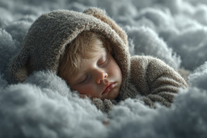 Baby sleeping soundly in fluffy clou, a Photo by Pixeness Studio