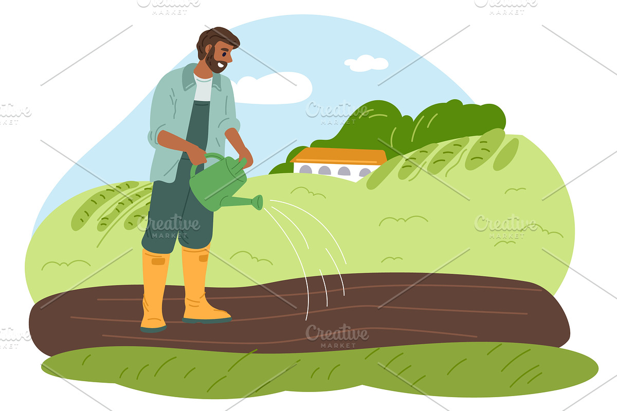 Man farmer watering beds with, an Object Illustration by Vectorbuum