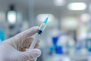 Doctor's hand in medicine glove holding syringe with injection, a Health & Medical Photo by AlyaAnd