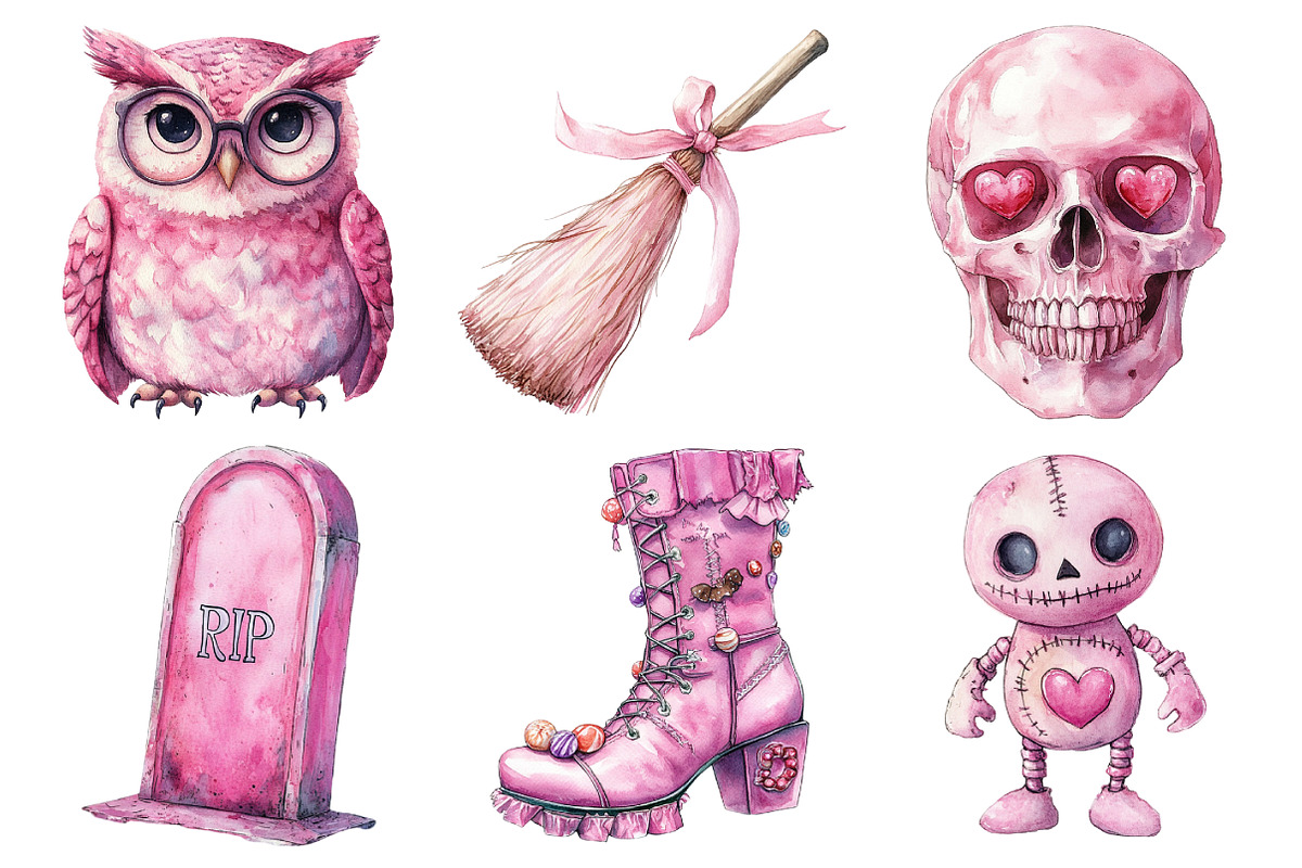 Watercolor Pink Halloween Clipart, an Illustration by Daily.Designs (Photo 3 of 5)