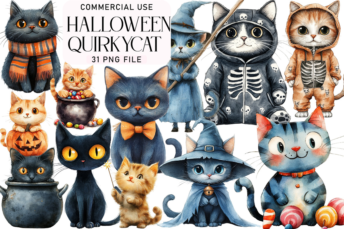 Quirky Halloween Cat Clipart, an Illustration by Daily.Designs (Photo 1 of 2)