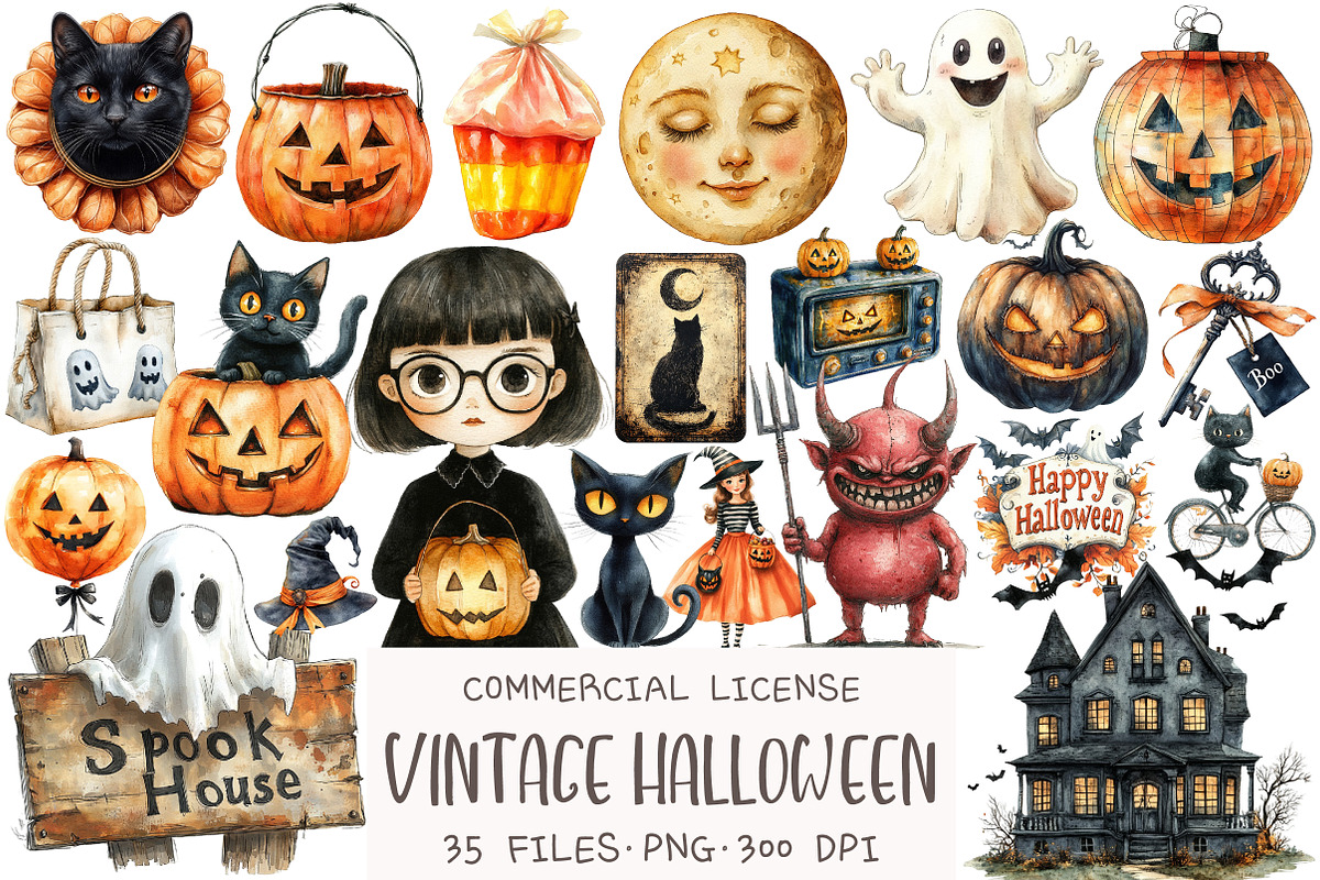 Vintage Halloween Clipart, an Illustration by OK Design (Photo 1 of 5)