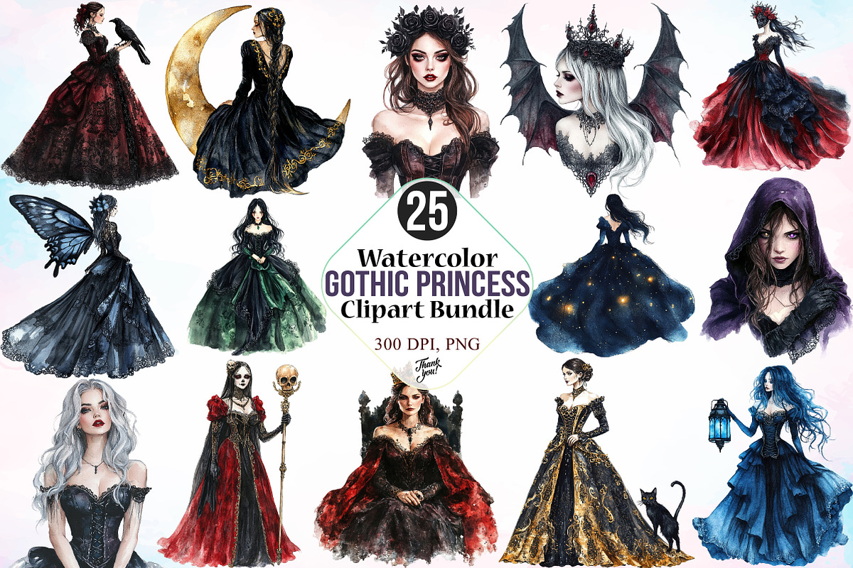 Gothic Princess Watercolor Clipart, an Illustration by Canvas Craft (Photo 1 of 3)