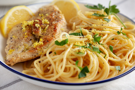 Homemade Lemon Pepper Chicken with Spaghetti Pasta on a Plate, s, a Food & Drink Photo by LiudmylaChuhunova