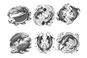 Koi Fish engraving set vector, an Animal Illustration by AlexArt