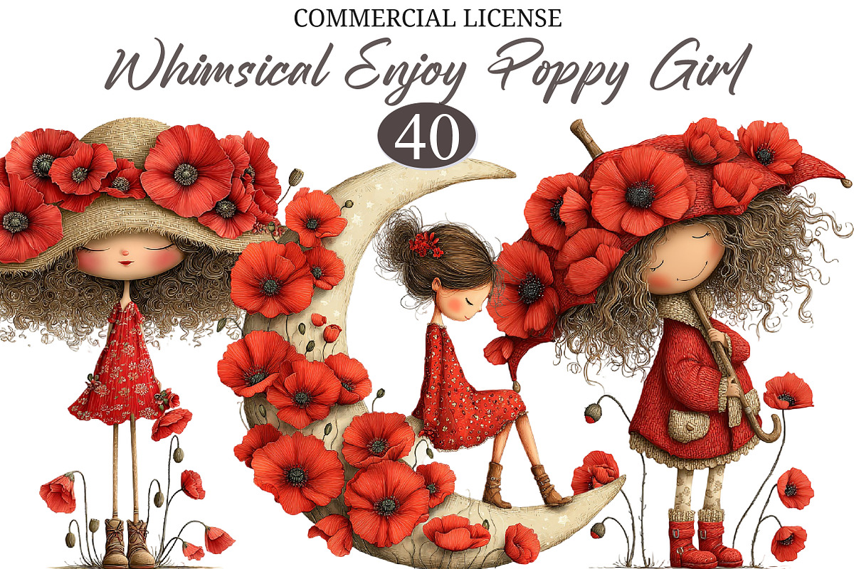 Whimsical Enjoy Poppy Girl Clipart, a Seasonal Illustration by designcity5 (Photo 1 of 5)