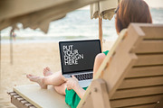 Girl on the Beach with Laptop, a Mac Mockup by UI Kitchen (Thumbnail 3 of 6)