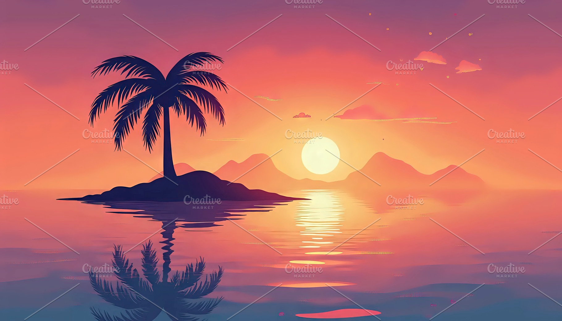 Palm Tree Island With Sunset Reflect, a Photo by LOGOCREATIVE