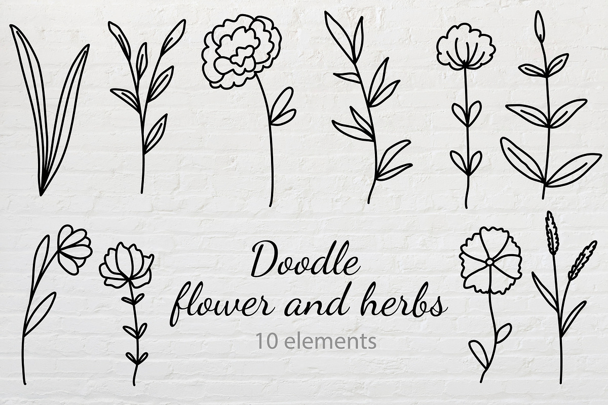 Doodle flowers and herbs bundle, a Decorative Illustration by Tati_Kli (Photo 1 of 3)