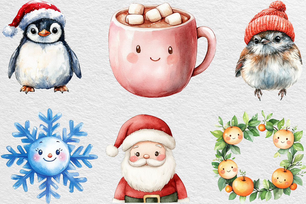 Watercolor Cute Christmas Clipart, an Illustration by Black Bird Studio (Photo 2 of 6)