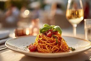 Delicious Italian pasta dish with fresh tomato sauce served at a summer outdoor, a Food & Drink Photo by AlyaAnd