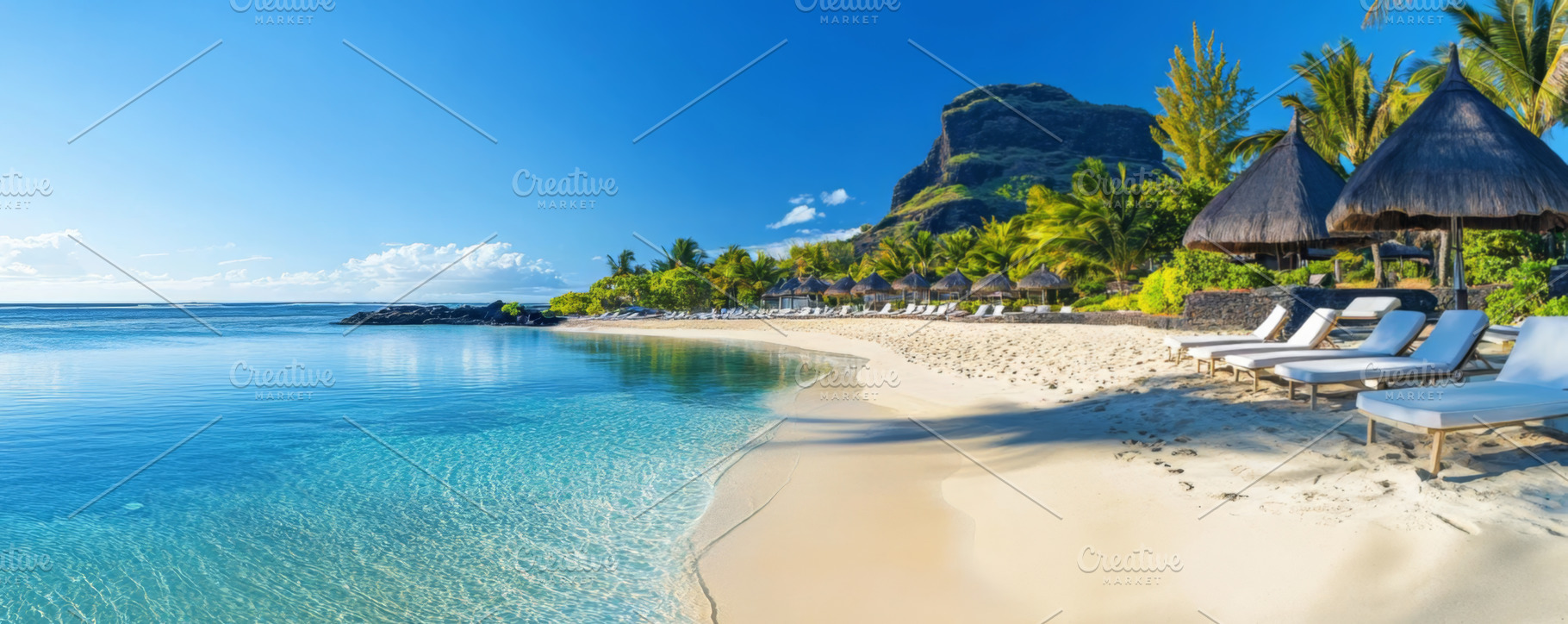Stunning Beachfront with Loungers and Scenic Ocean Views, an Abstract Photo by Natalia Klenova's Shop
