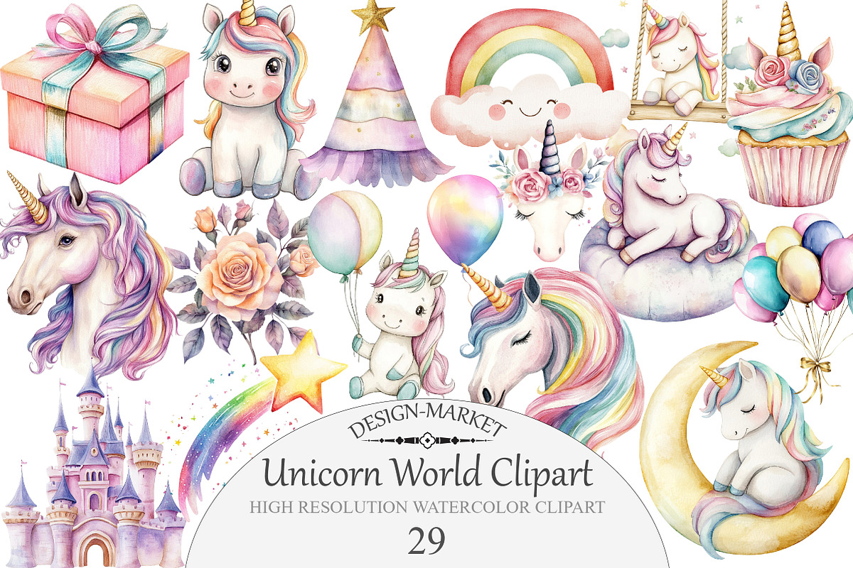 Watercolor Unicorn World Clipart, an Illustration by Design Market (Photo 1 of 4)