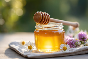 Still life showcasing a glass jar filled with honey and adorned with wildflower, a Photo by AlyaAnd