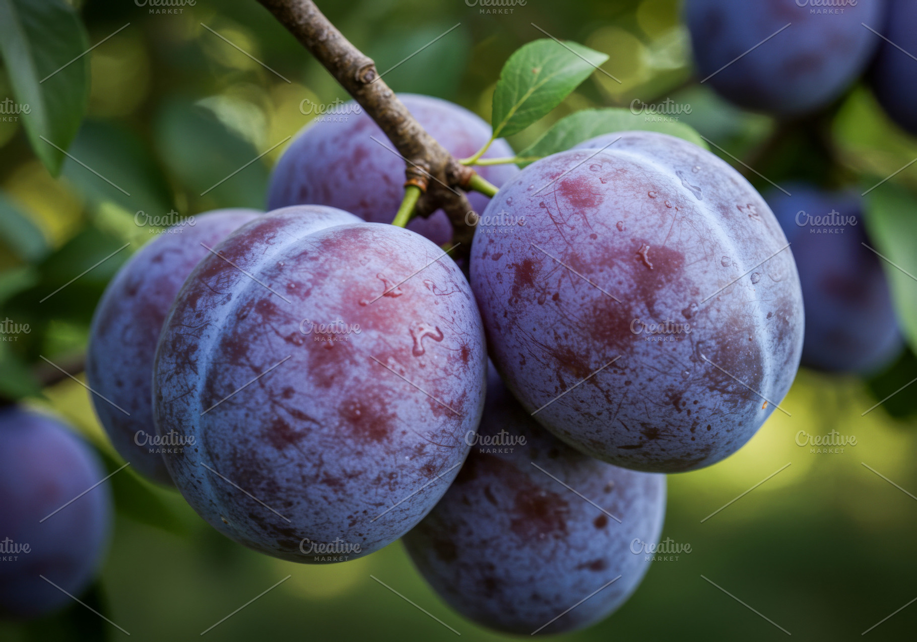 Closeup of ripe purple plums hanging, a Food & Drink Photo by professorinc