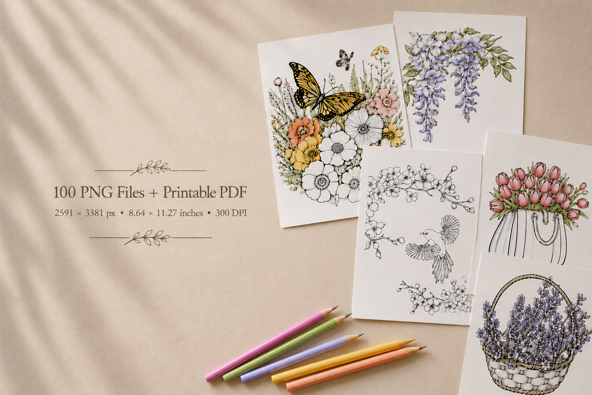 100 Flowers Coloring Book, a Decorative Illustration by MarisoArt (Photo 2 of 9)