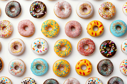 Pattern of sweet and colorful donuts, a Food & Drink Photo by AlyaAnd