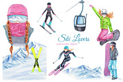 Mountain Lovers, skiing watercolor, an Illustration by s.yanyeva (Thumbnail 1 of 7)