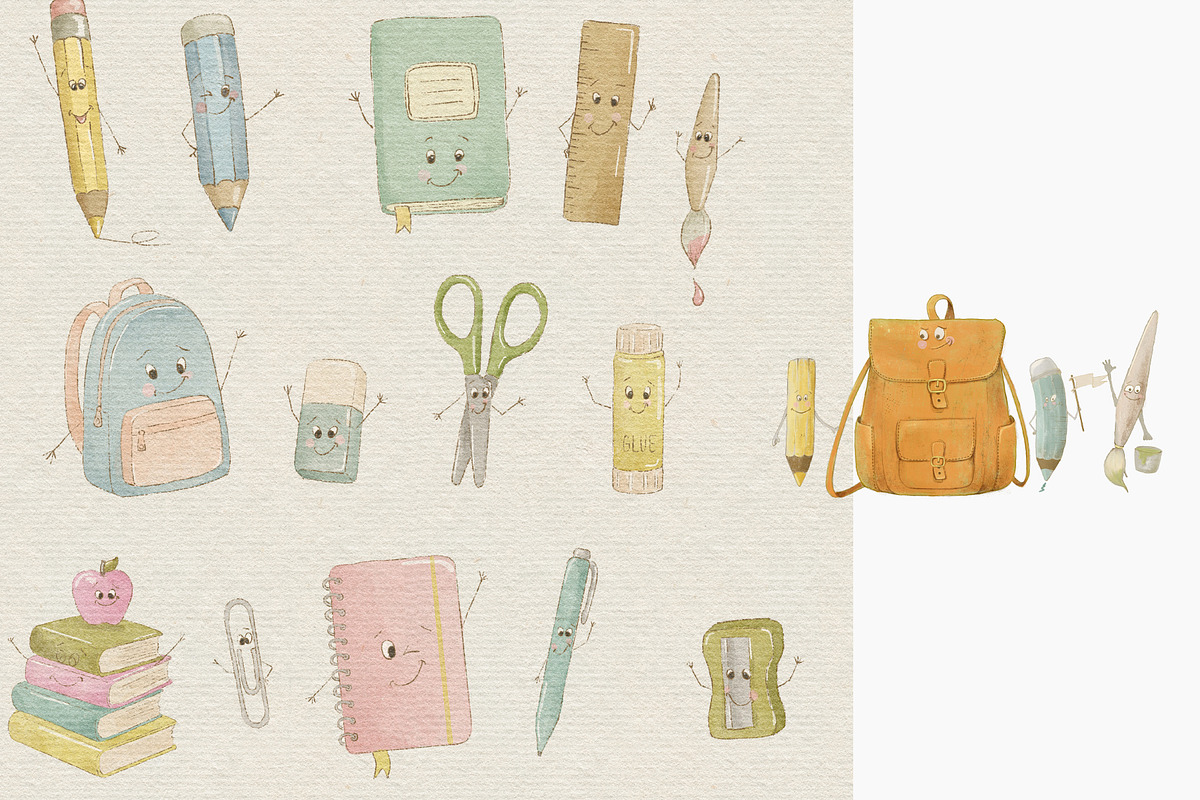 Cute Watercolor School Supplies Set, an Education Illustration by AlenaVlasko stock Market (Photo 4 of 4)
