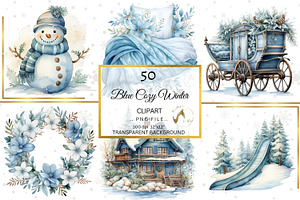 Blue Cozy Winter Clipart & Backdrop