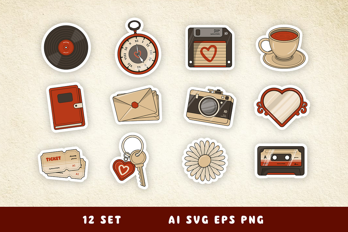 Vintage Sticker Set, an Object Illustration by Creathub Studio (Photo 2 of 4)